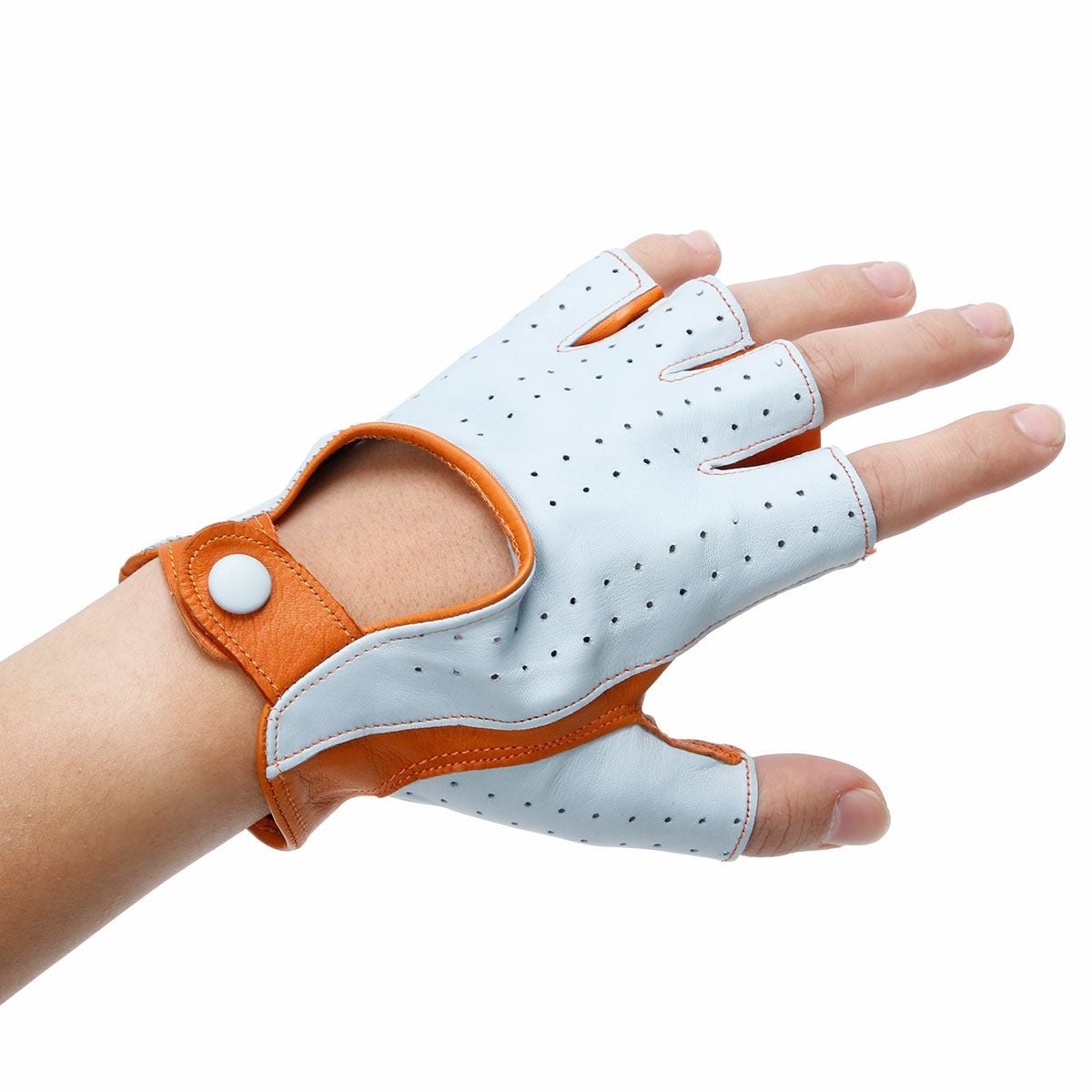 Motorimoda｜ビコローレ ドライビンググローブ｜ハーフ｜スカイブルー×オレンジ｜モデル着用