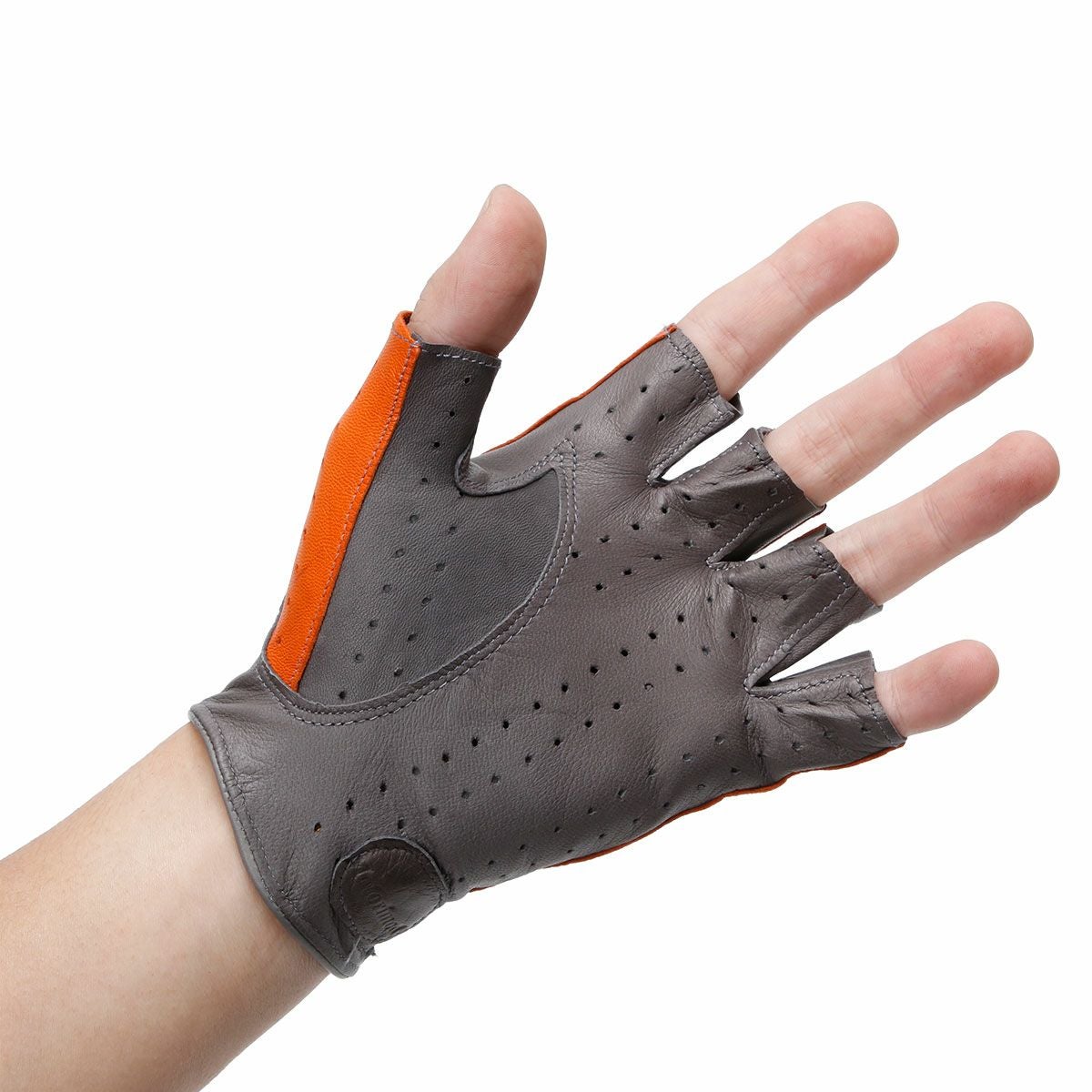 Motorimoda｜ビコローレ ドライビンググローブ｜ハーフ｜オレンジ×チャコールグレー｜モデル着用