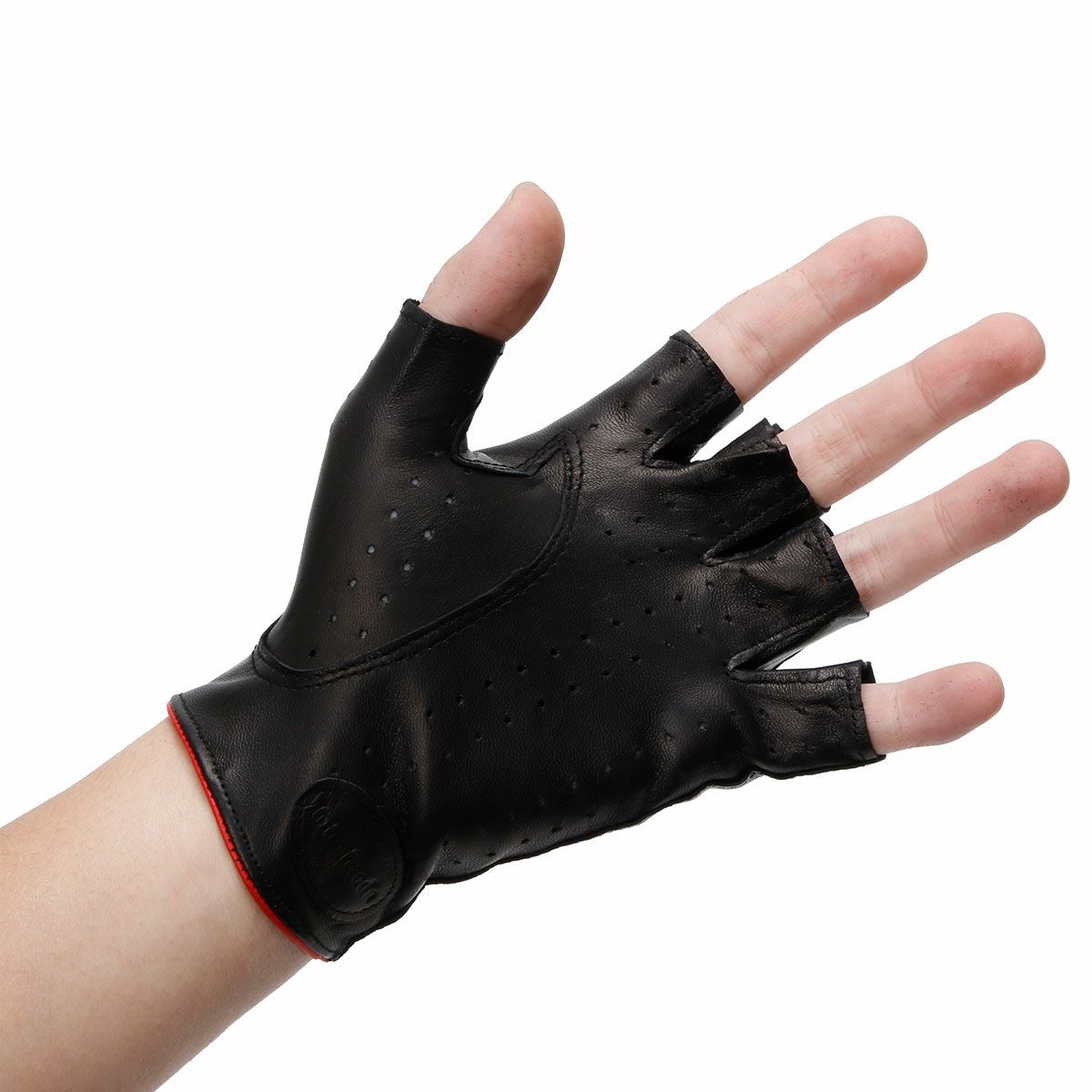 Motorimoda｜ビコローレ ドライビンググローブ｜ハーフ｜メタルブラック×レッド｜モデル着用