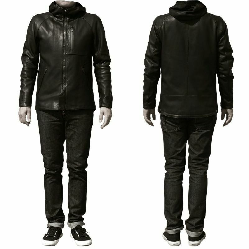 CRUFTER｜CR-MJ3 フーディ ジャケット｜レザー｜ブラック｜モデル着用