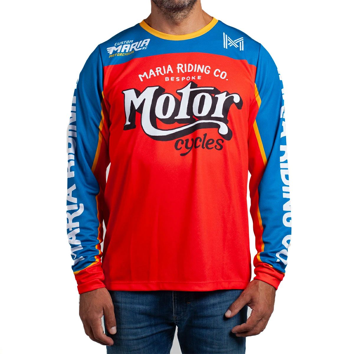 Maria Riding Company｜エニー サンデー マリア オフロード レーシング ジャージ｜MXジャージ｜ブルー×レッド｜モデル着用
