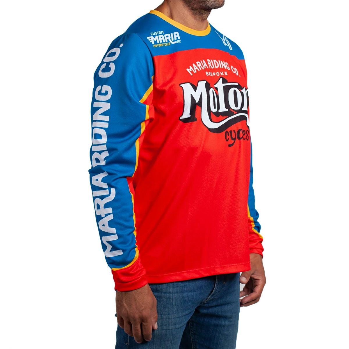 Maria Riding Company｜エニー サンデー マリア オフロード レーシング ジャージ｜MXジャージ｜ブルー×レッド｜モデル着用