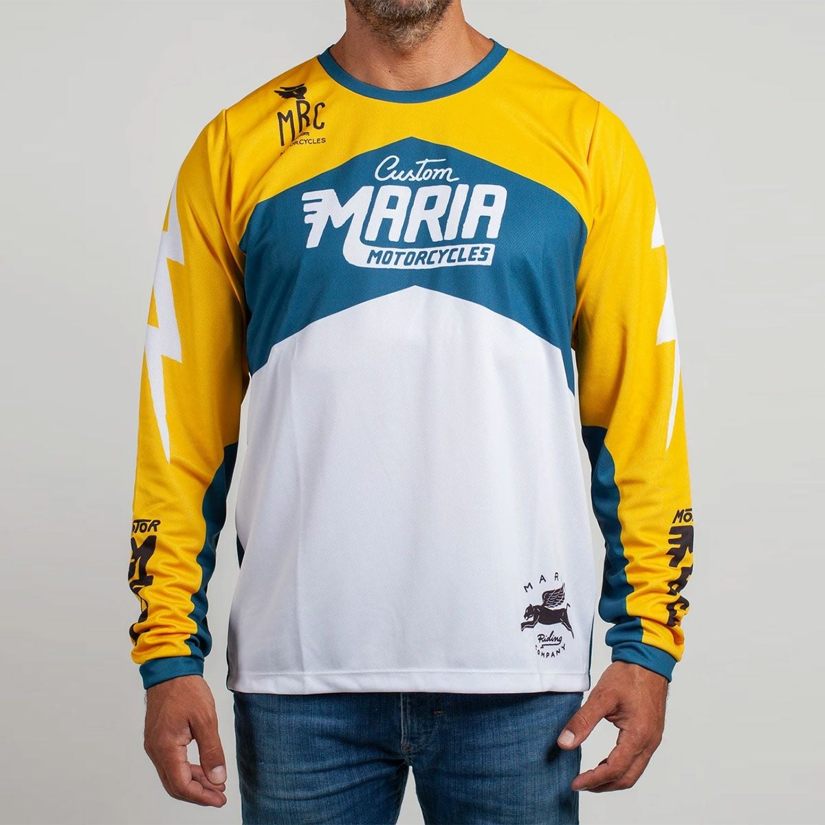 Maria Riding Company｜エレトリカ マリア オフロード レーシング ジャージ｜MXジャージ｜イエロー×ブルー×ホワイト｜モデル着用