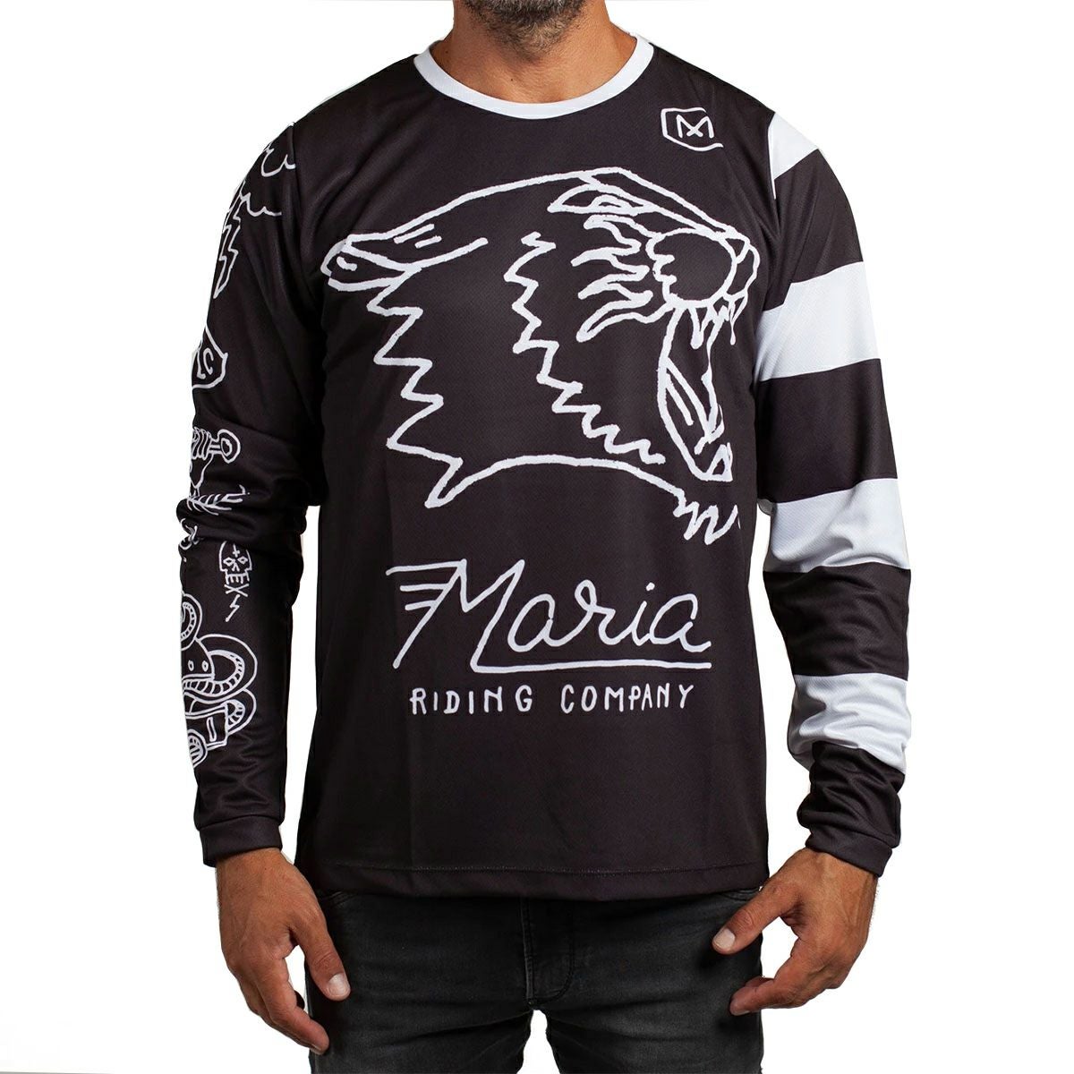 Maria Riding Company｜ワイルド キャット マリア オフロード レーシング ジャージ｜MXジャージ｜ブラック×ホワイト｜モデル着用