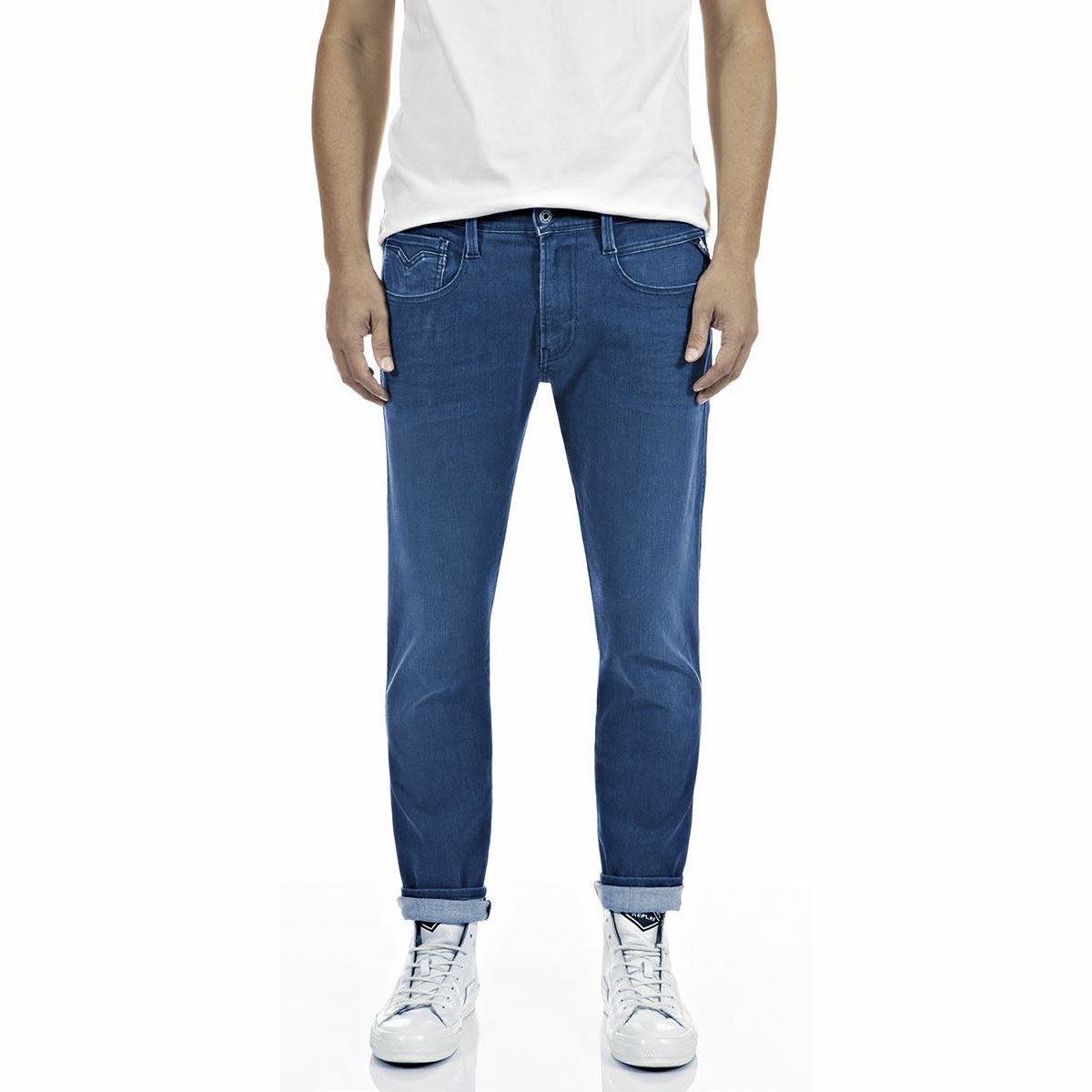 Replay｜チェイン ジーンズ｜デニム｜ミディアムブルー｜モデル着用