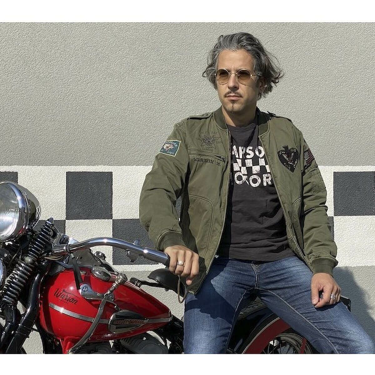 Warson Motors｜フライング デス パイロット ジャケット｜アウター｜カーキ｜モデル着用