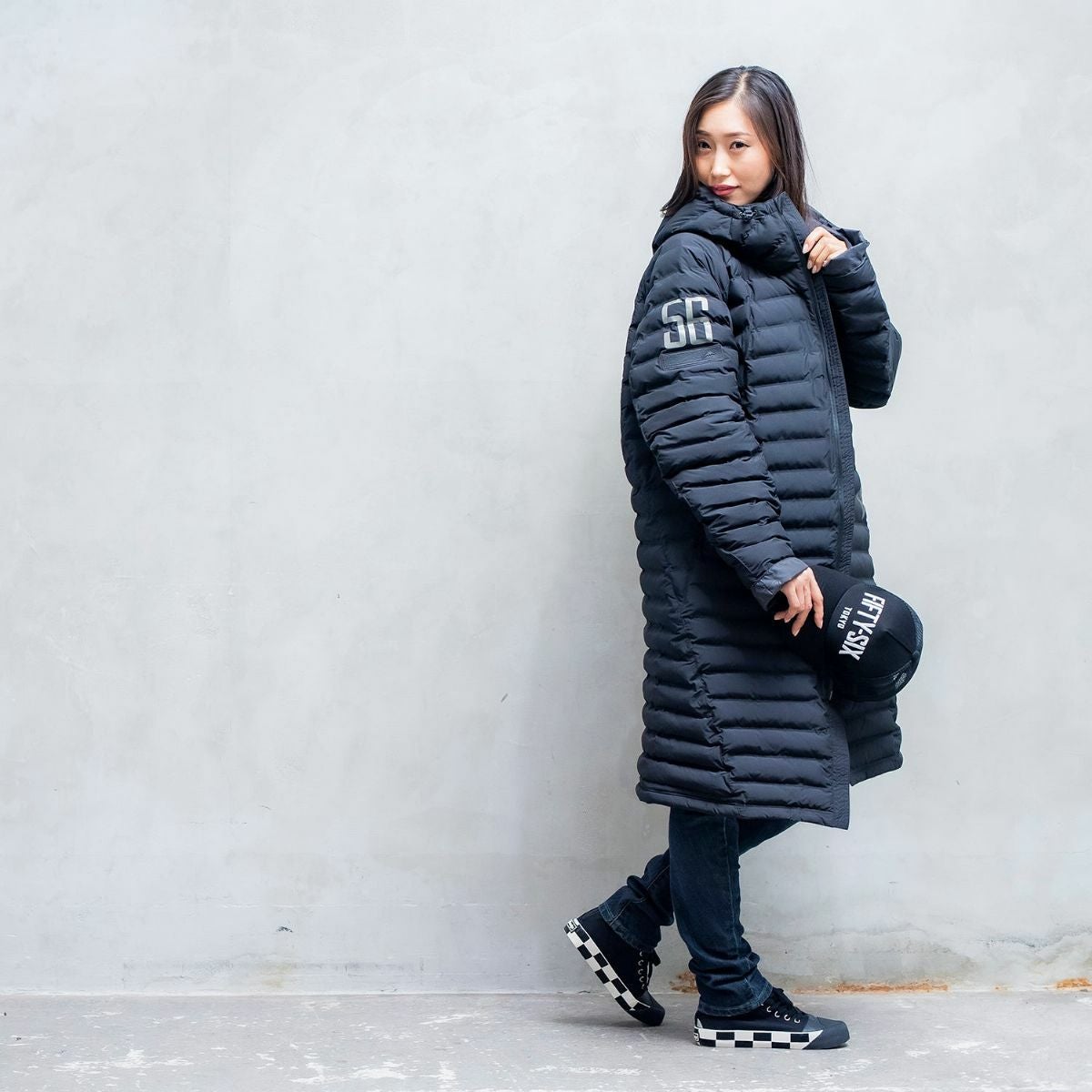 56design｜ベンチコート｜ファブリック｜ブラック｜モデル着用