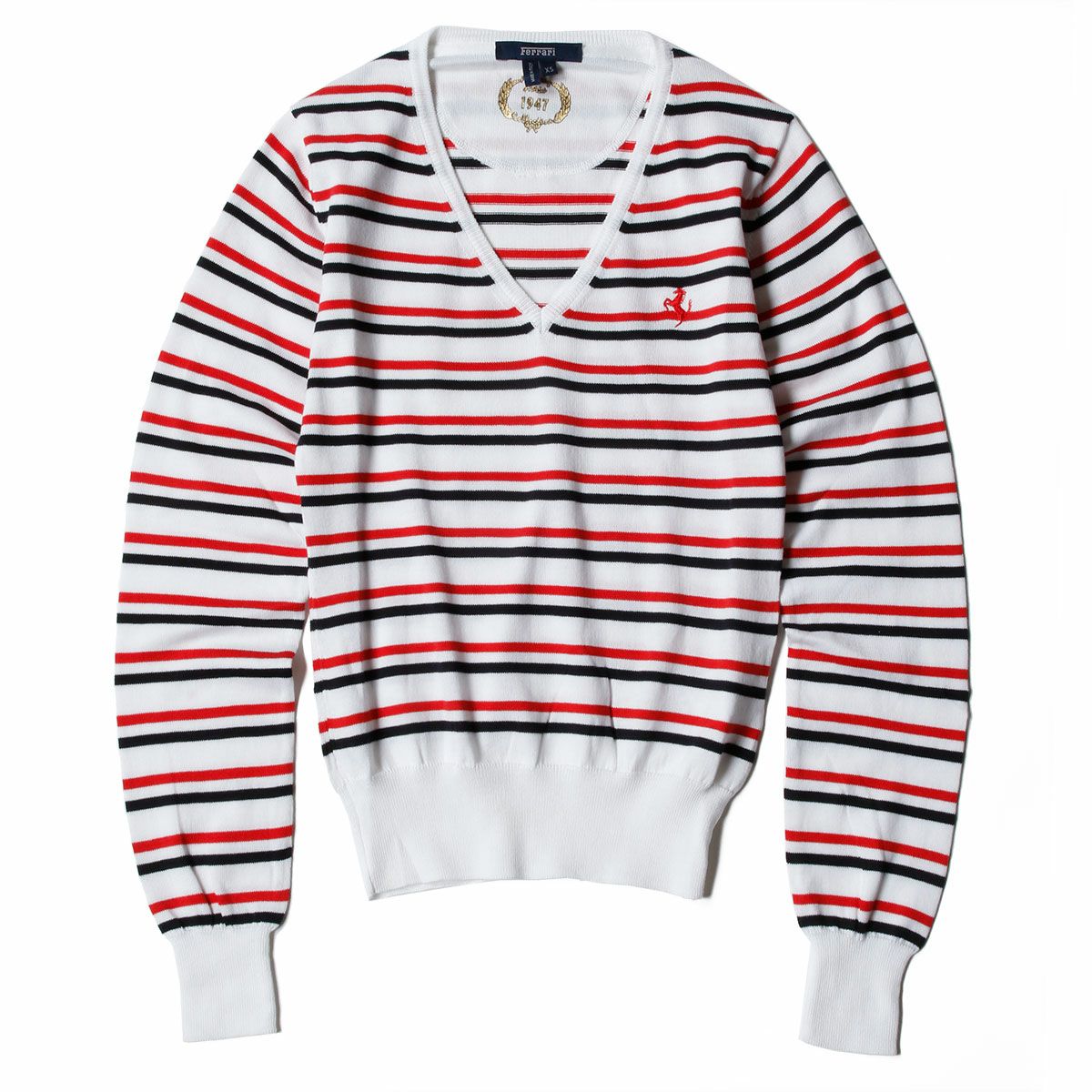 Ferrari｜フェラーリ ウィメンズ コットン Vネック ストライプド セーター｜ニット｜ホワイト