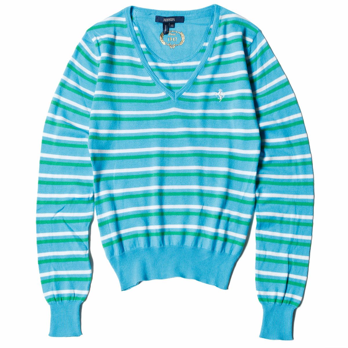 Ferrari｜フェラーリ ウィメンズ コットン Vネック ストライプド セーター｜ニット｜ターコイズ