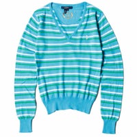 Ferrari｜フェラーリ ウィメンズ コットン Vネック ストライプド セーター｜ニット｜ターコイズ