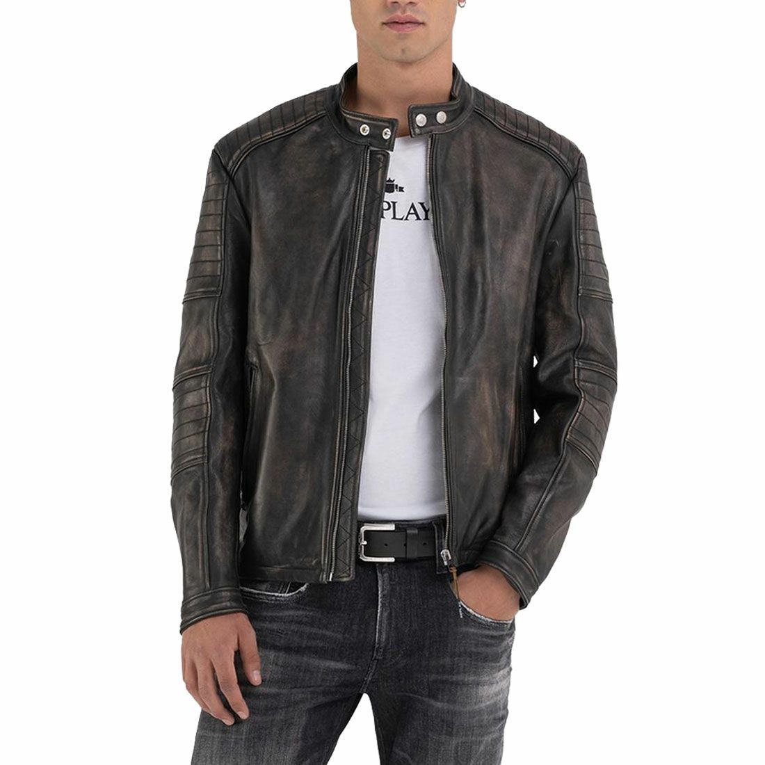 Replay｜シープレザースプレーペイントジャケット｜レザー｜ライトブラウン/ブラック｜モデル着用