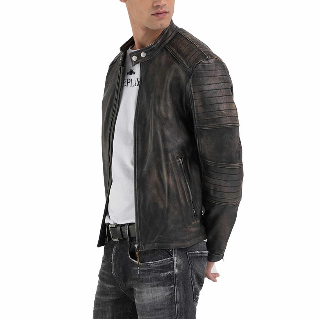 Replay｜シープレザースプレーペイントジャケット｜レザー｜ライトブラウン/ブラック｜モデル着用