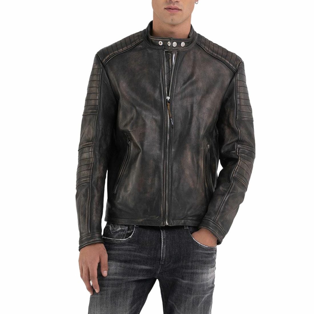 Replay｜シープレザースプレーペイントジャケット｜レザー｜ライトブラウン/ブラック｜モデル着用