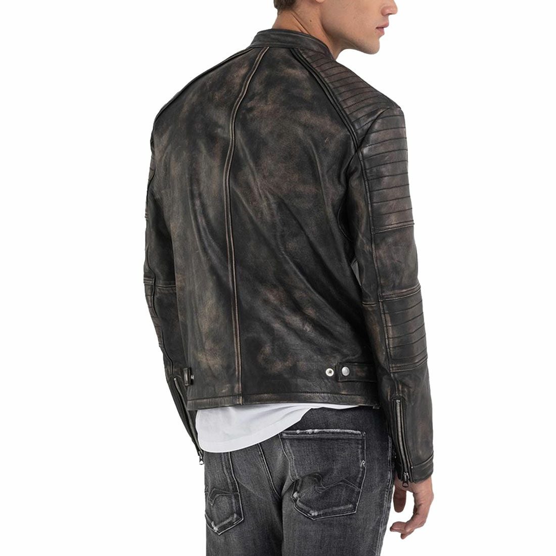 Replay｜シープレザースプレーペイントジャケット｜レザー｜ライトブラウン/ブラック｜モデル着用