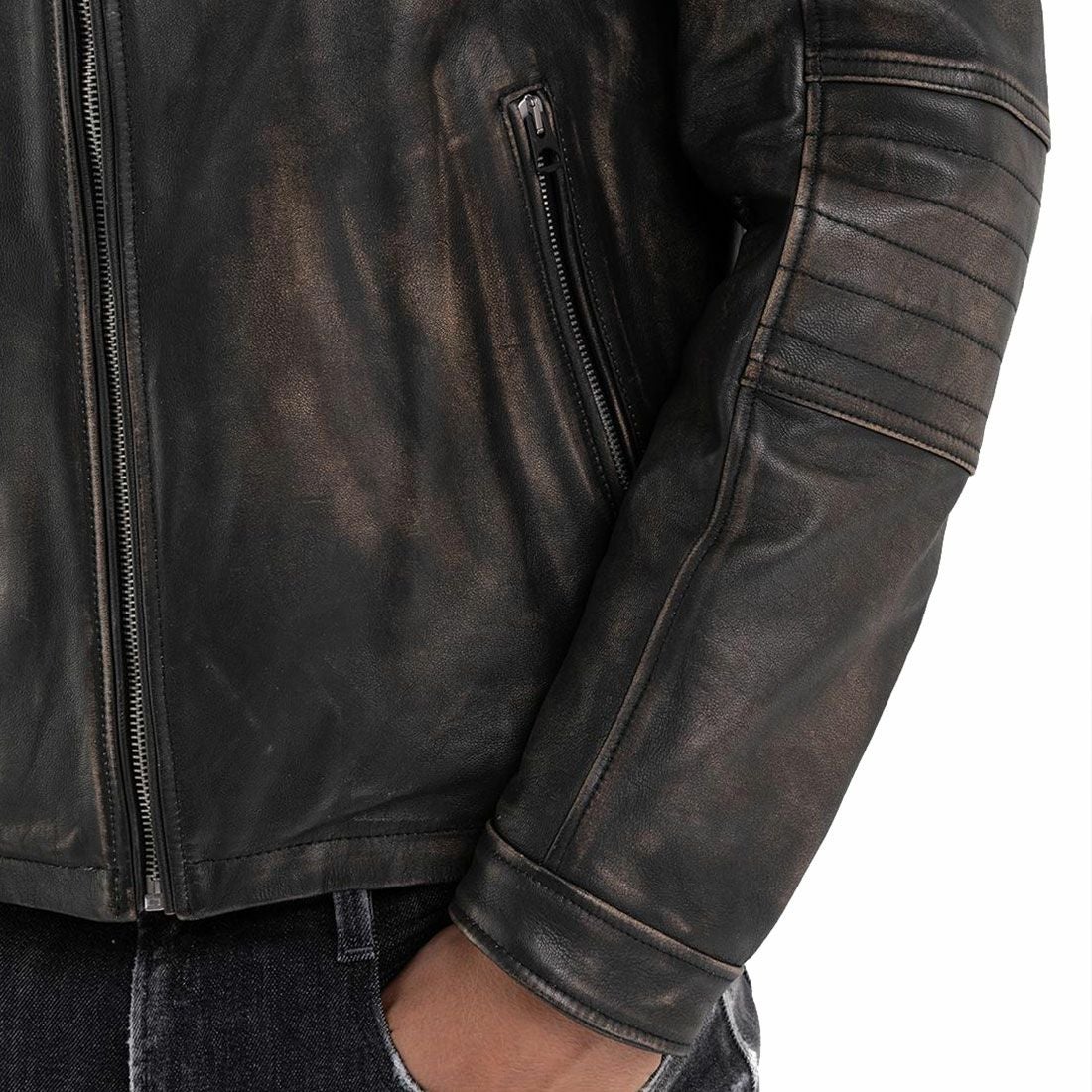 Replay｜シープレザースプレーペイントジャケット｜レザー｜ライトブラウン/ブラック｜モデル着用