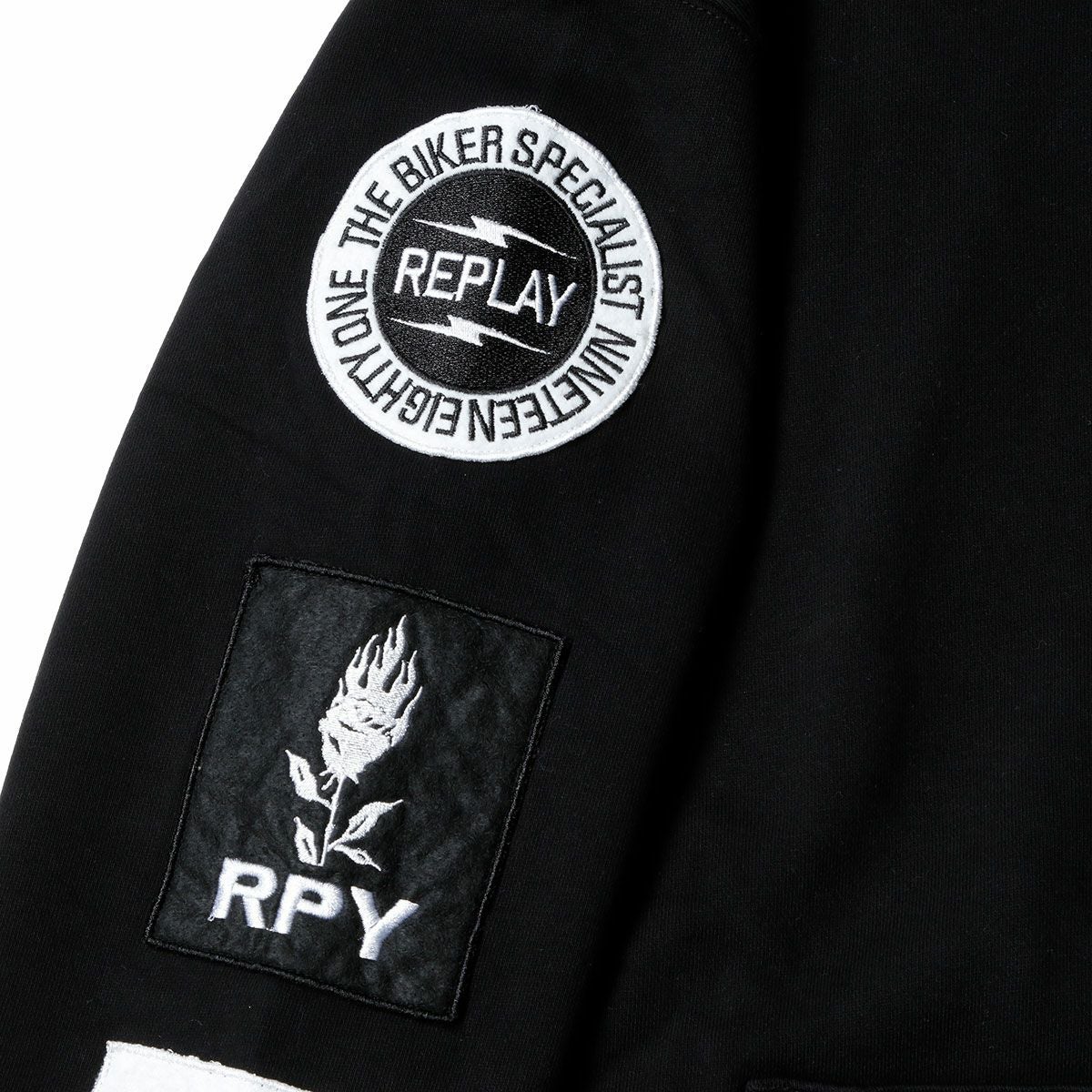 Replay｜フーディ ウィズ バイカー パッチ｜ブラック