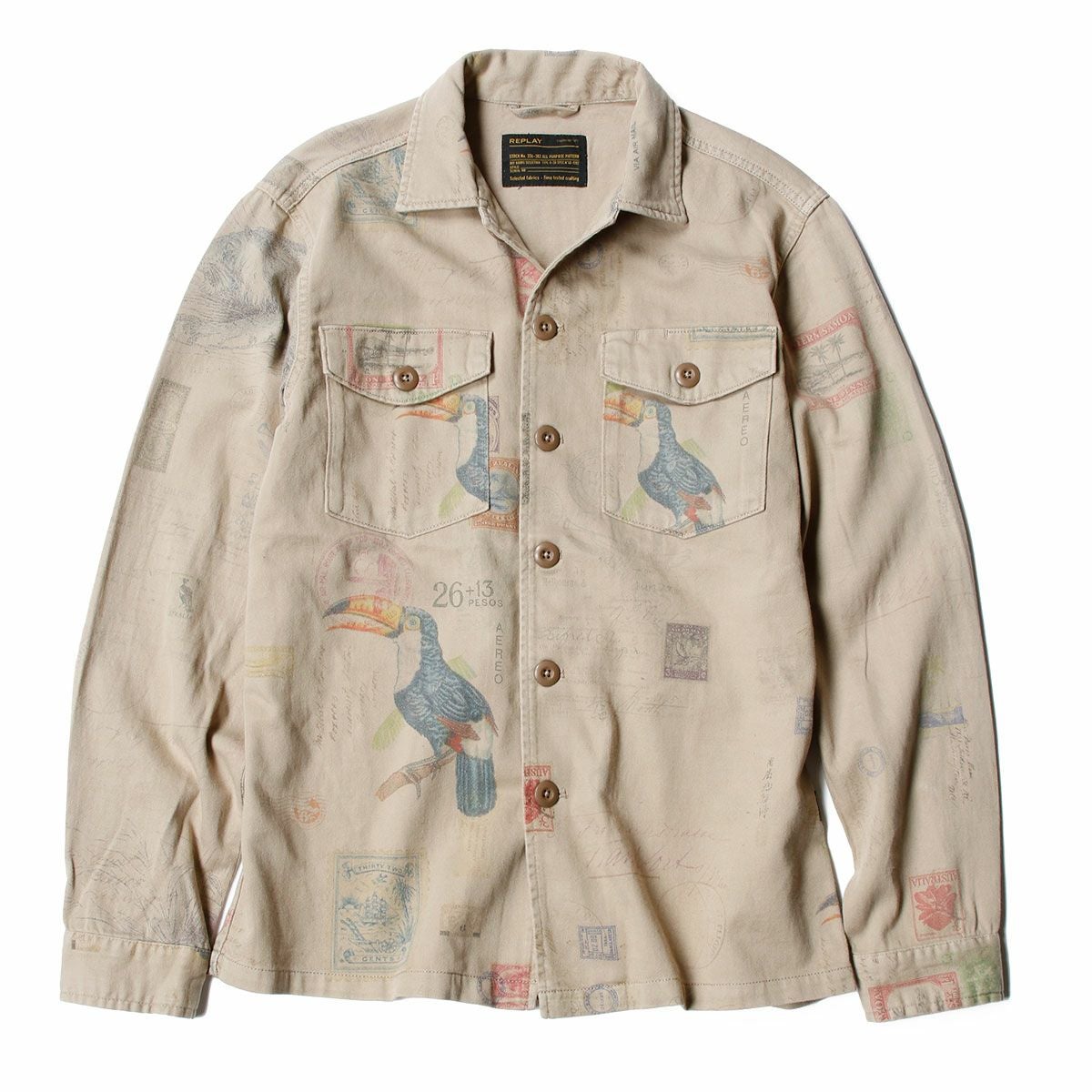 Replay｜コットンツイルアーミージャケット｜ファブリック｜ライトブラウン