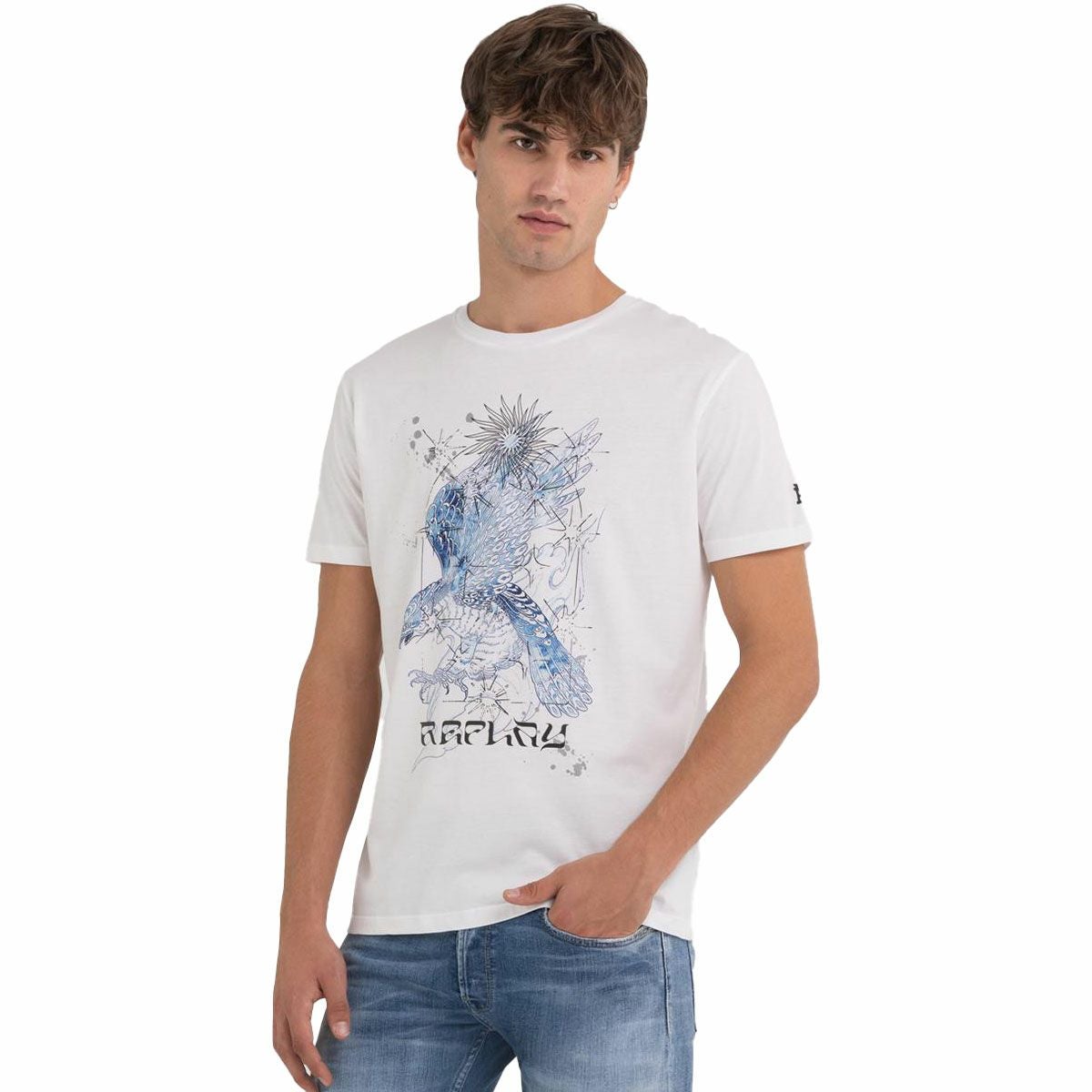 Replay｜イーグル オーガニックコットン Tシャツ｜ホワイト｜モデル着用