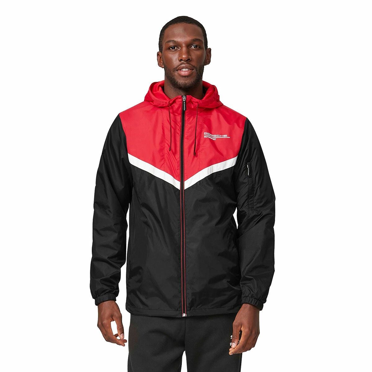 PORSCHE｜ポルシェ モータースポーツ ウィンドブレーカー｜ブラック×レッド｜モデル着用