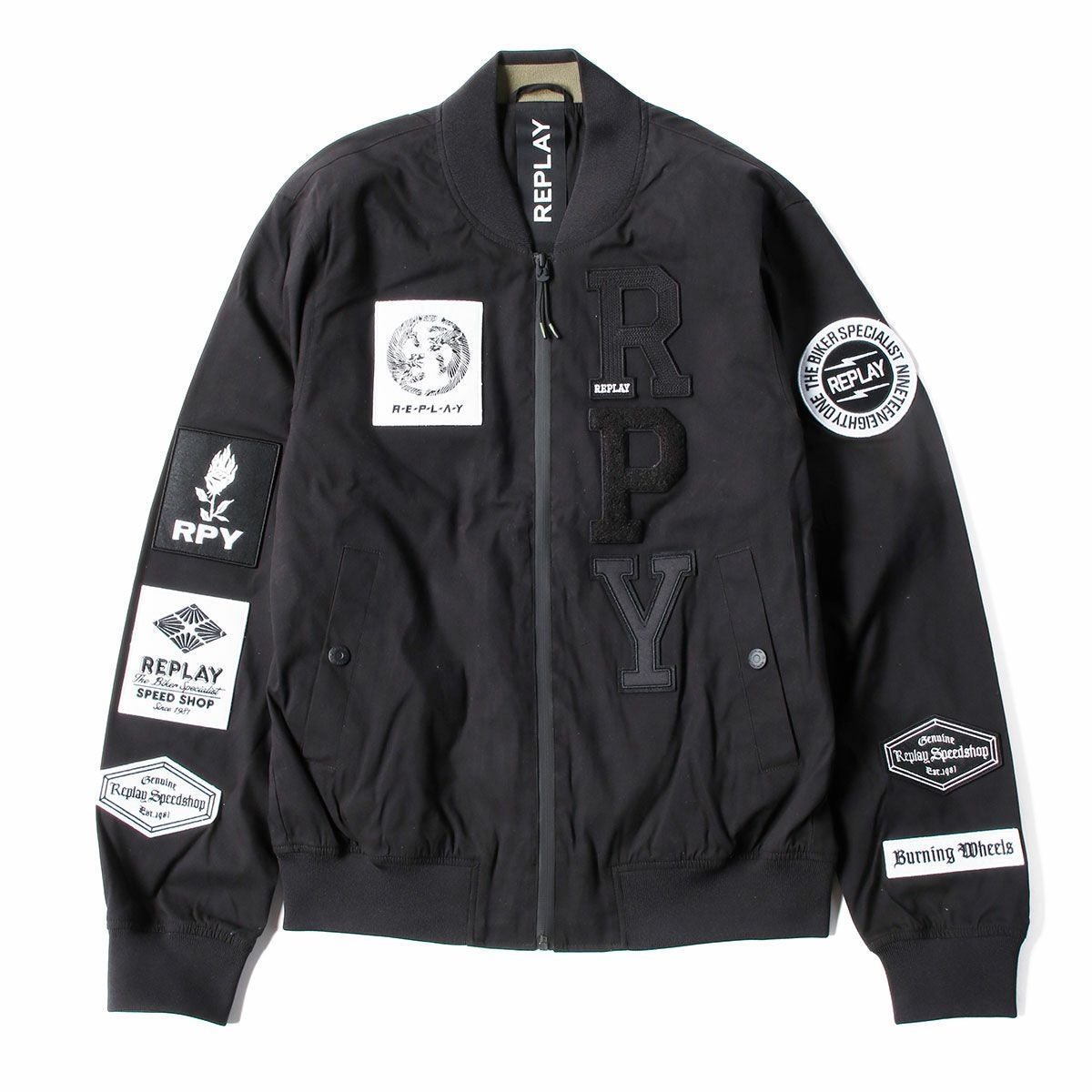 Replay｜フルジップ ボンバージャケット ウィズ アップリケ｜ファブリック｜ブラック