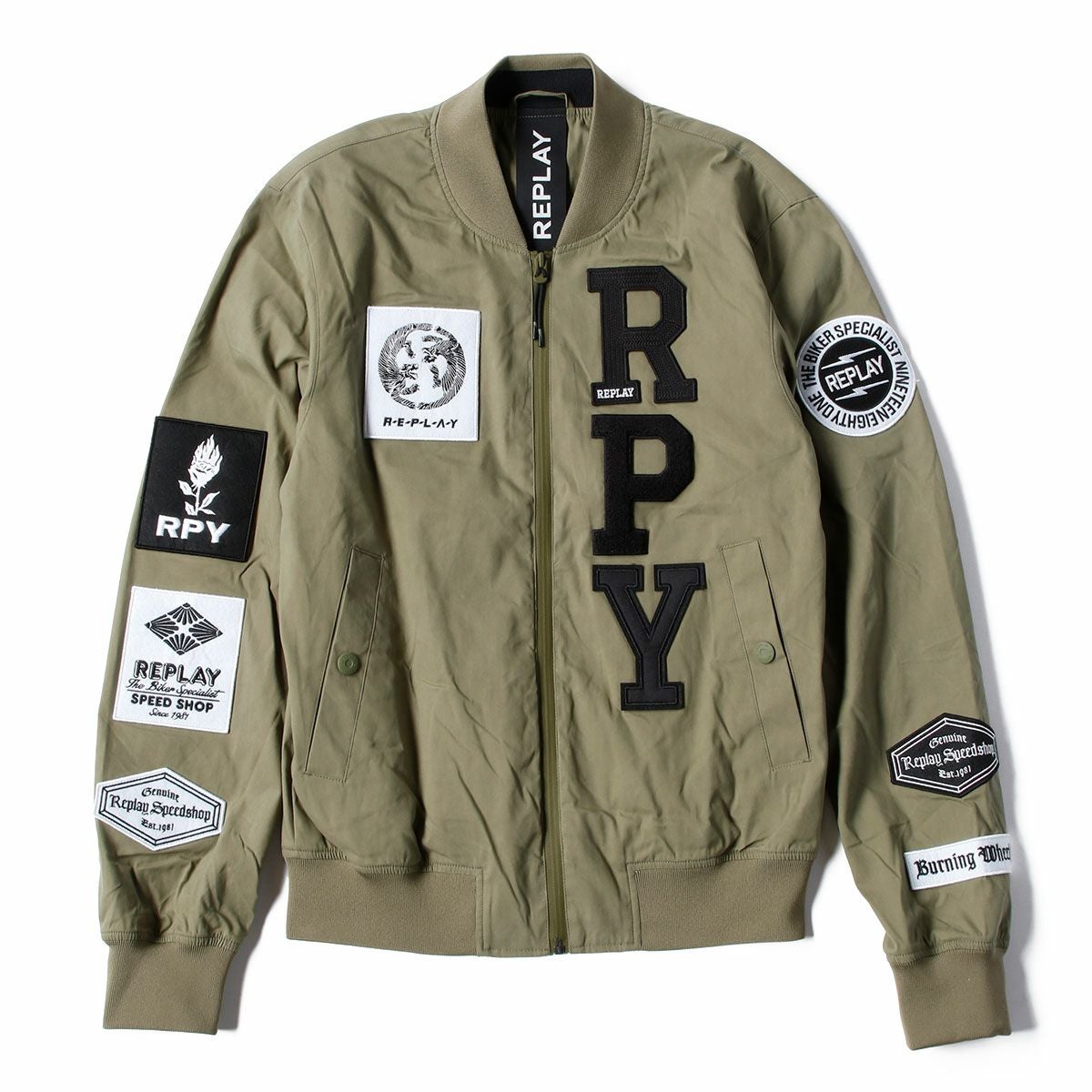 Replay｜フルジップ ボンバージャケット ウィズ アップリケ｜ファブリック｜ライトミリタリー
