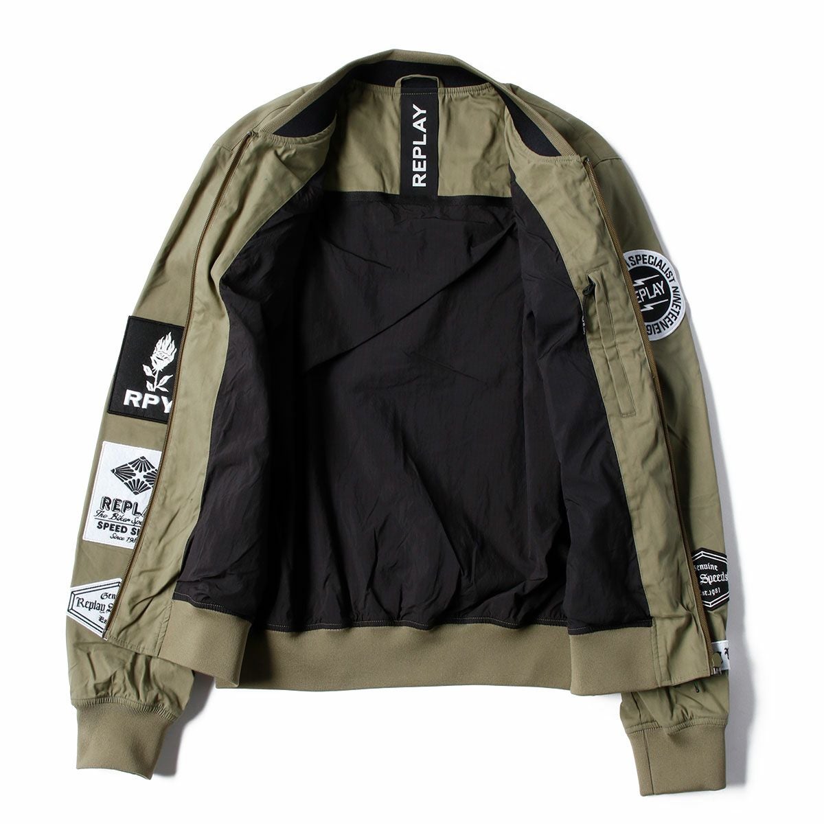 Replay｜フルジップ ボンバージャケット ウィズ アップリケ｜ファブリック｜ライトミリタリー