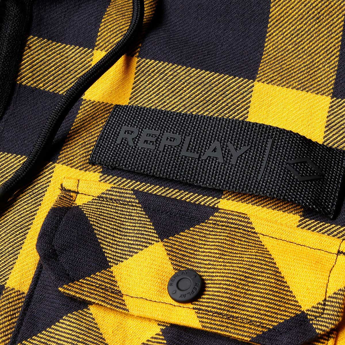 Replay｜イエローチェックコットンツイルシャツパーカー｜フーディ｜イエロー