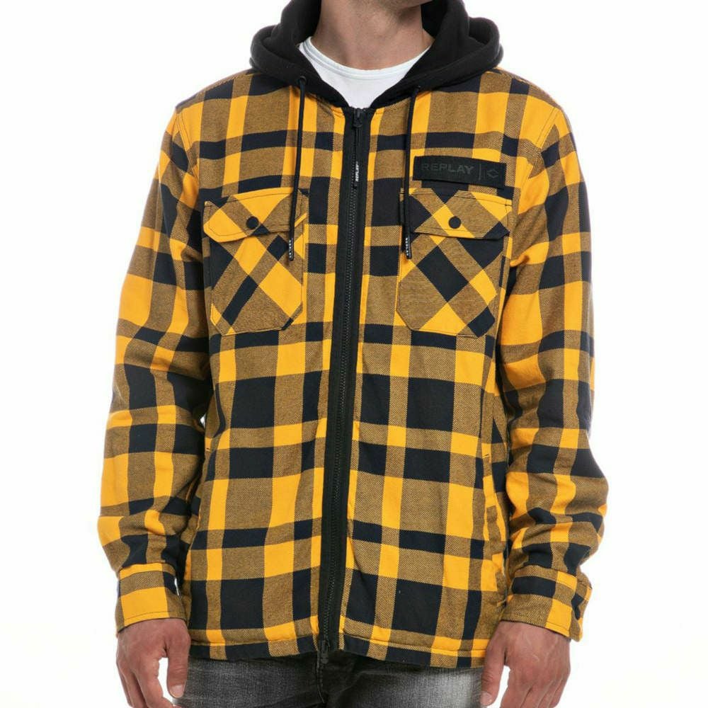 Replay｜イエローチェックコットンツイルシャツパーカー｜フーディ｜イエロー｜モデル着用