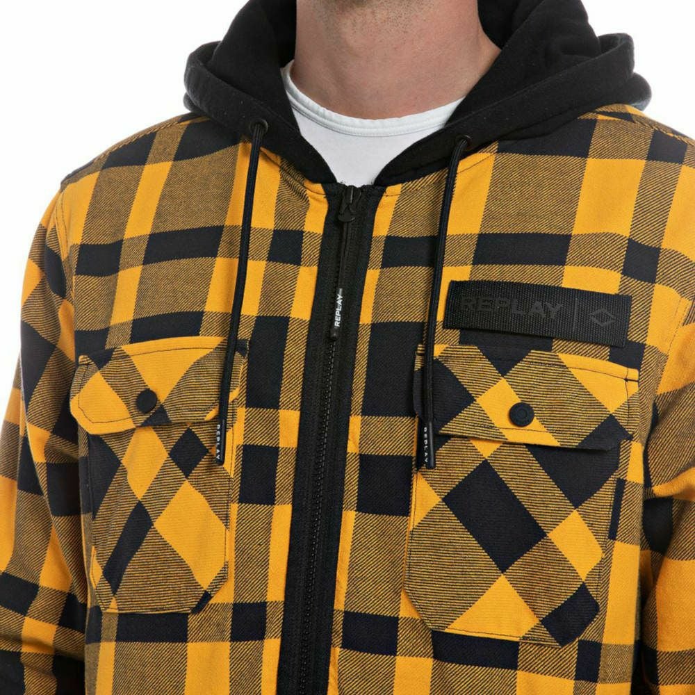 Replay｜イエローチェックコットンツイルシャツパーカー｜フーディ｜イエロー｜モデル着用