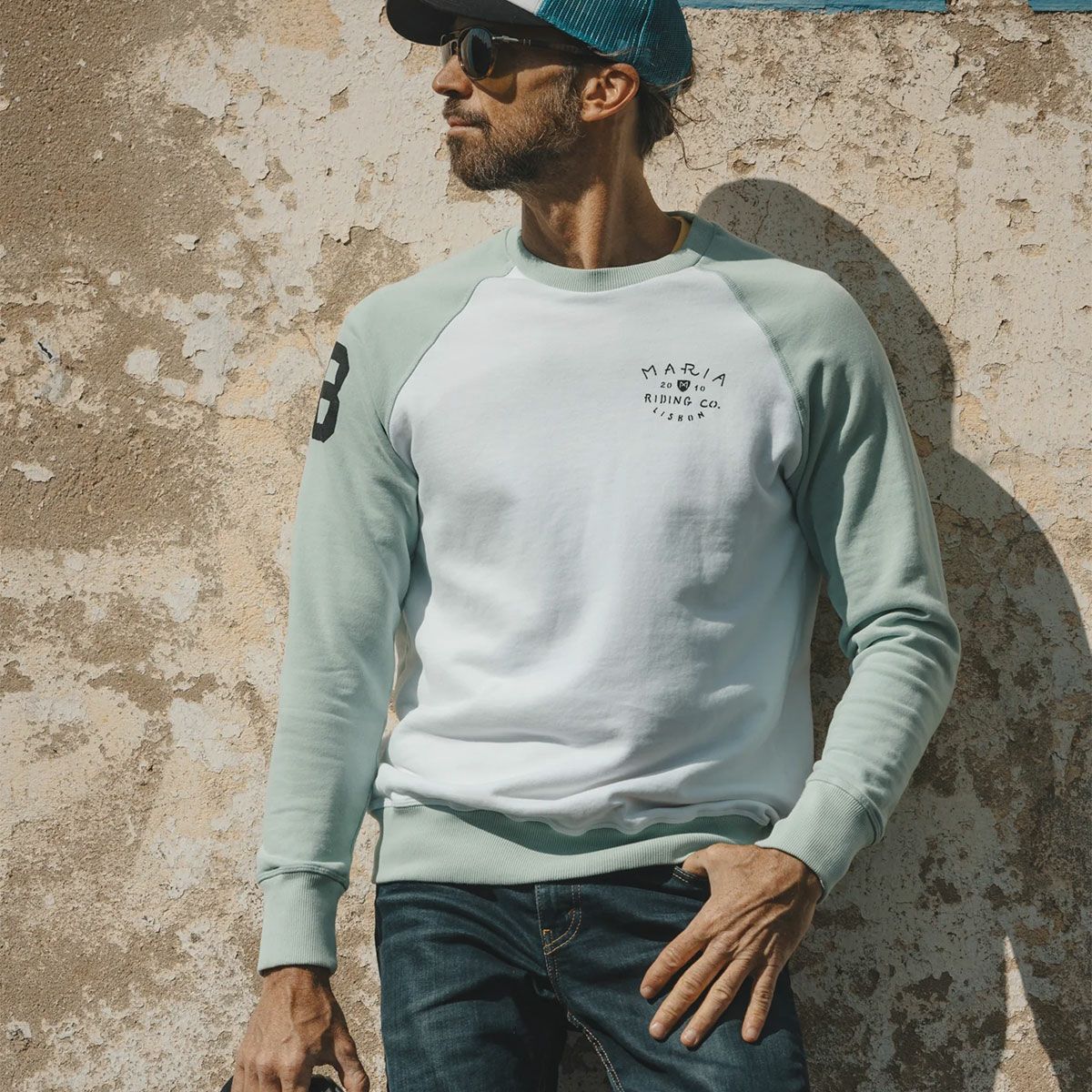 Maria Riding Company｜ドリフター サマー スウェットシャツ｜ミント×ホワイト｜モデル着用