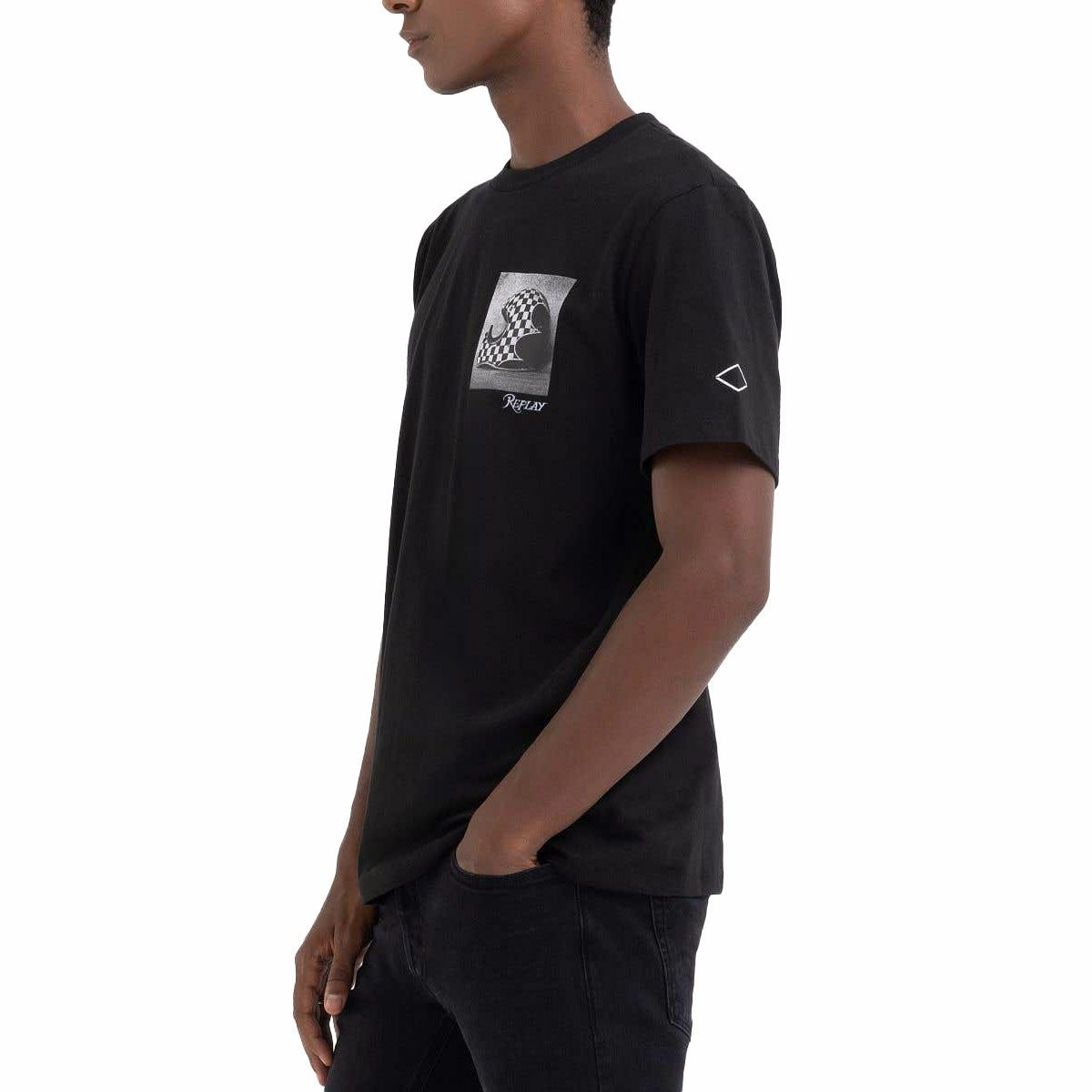 Replay｜モーターサイクル プリント Ｔシャツ｜ブラック｜モデル着用