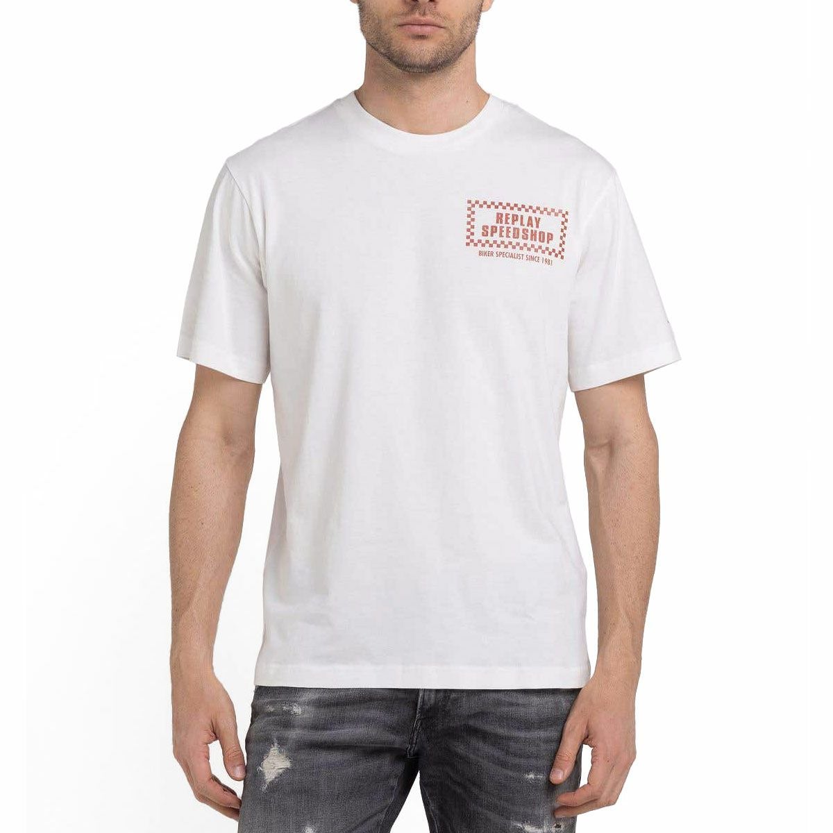 Replay｜バイカー プリント Ｔシャツ｜ホワイト｜モデル着用