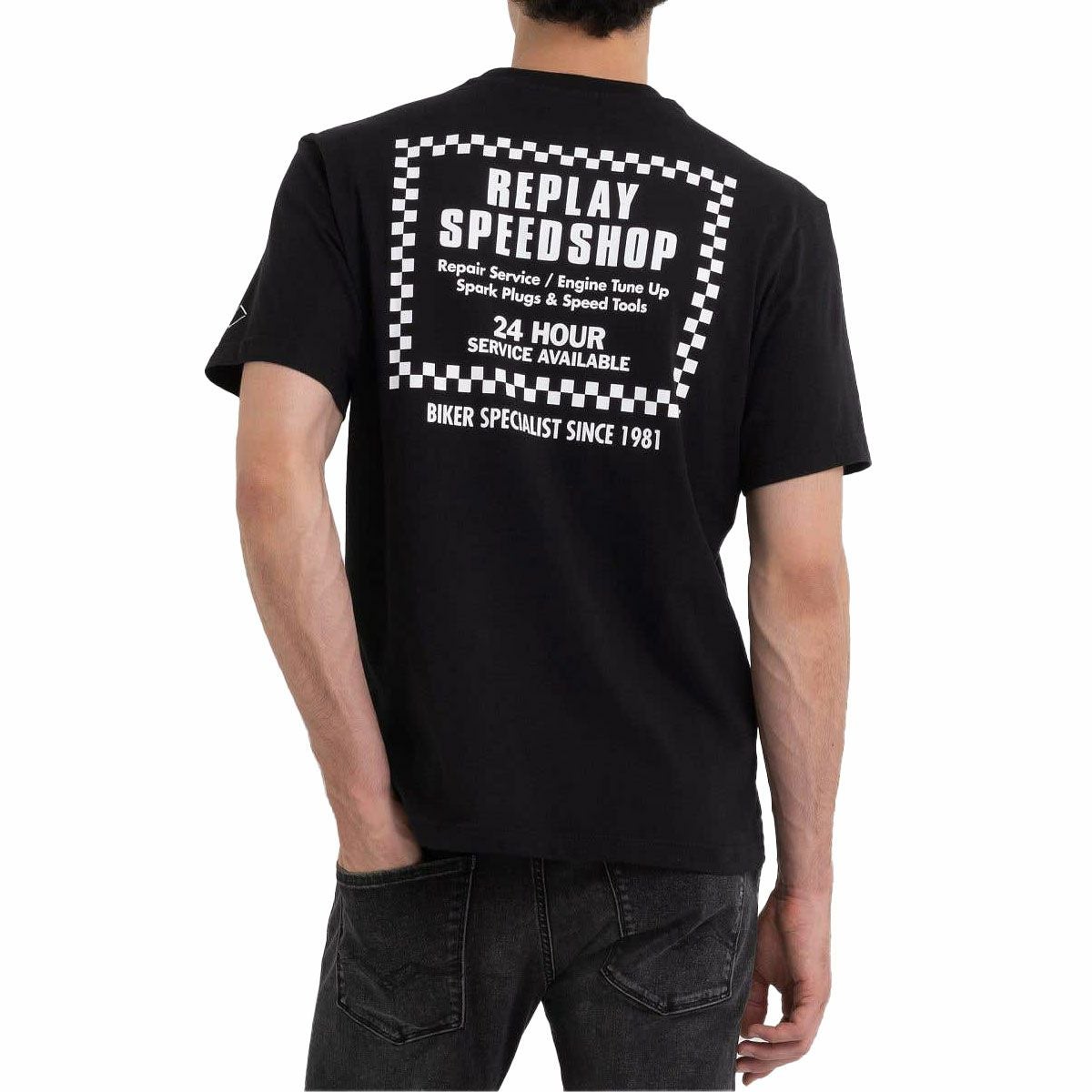 Replay｜バイカー プリント Ｔシャツ｜ブラック｜モデル着用