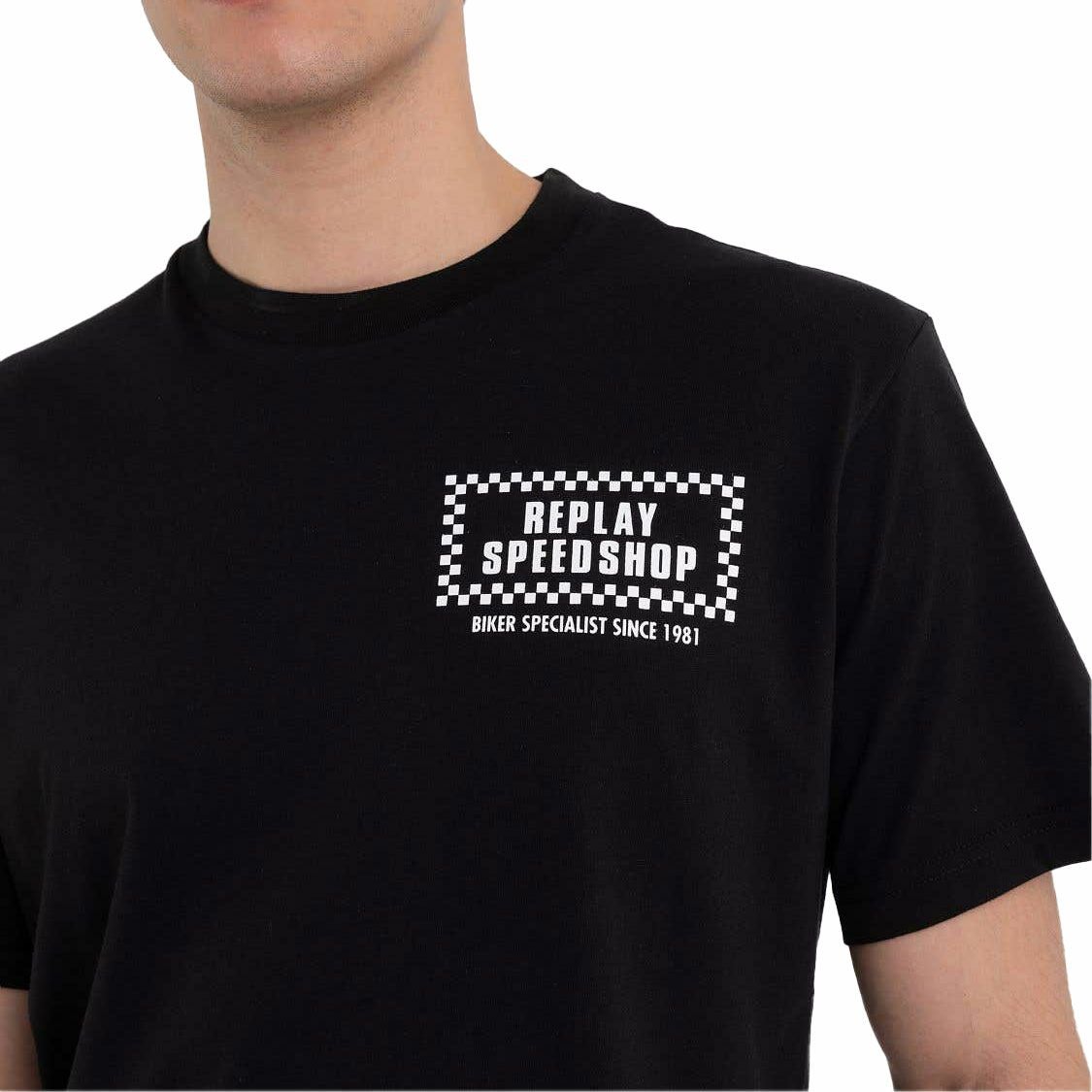 Replay｜バイカー プリント Ｔシャツ｜ブラック｜モデル着用