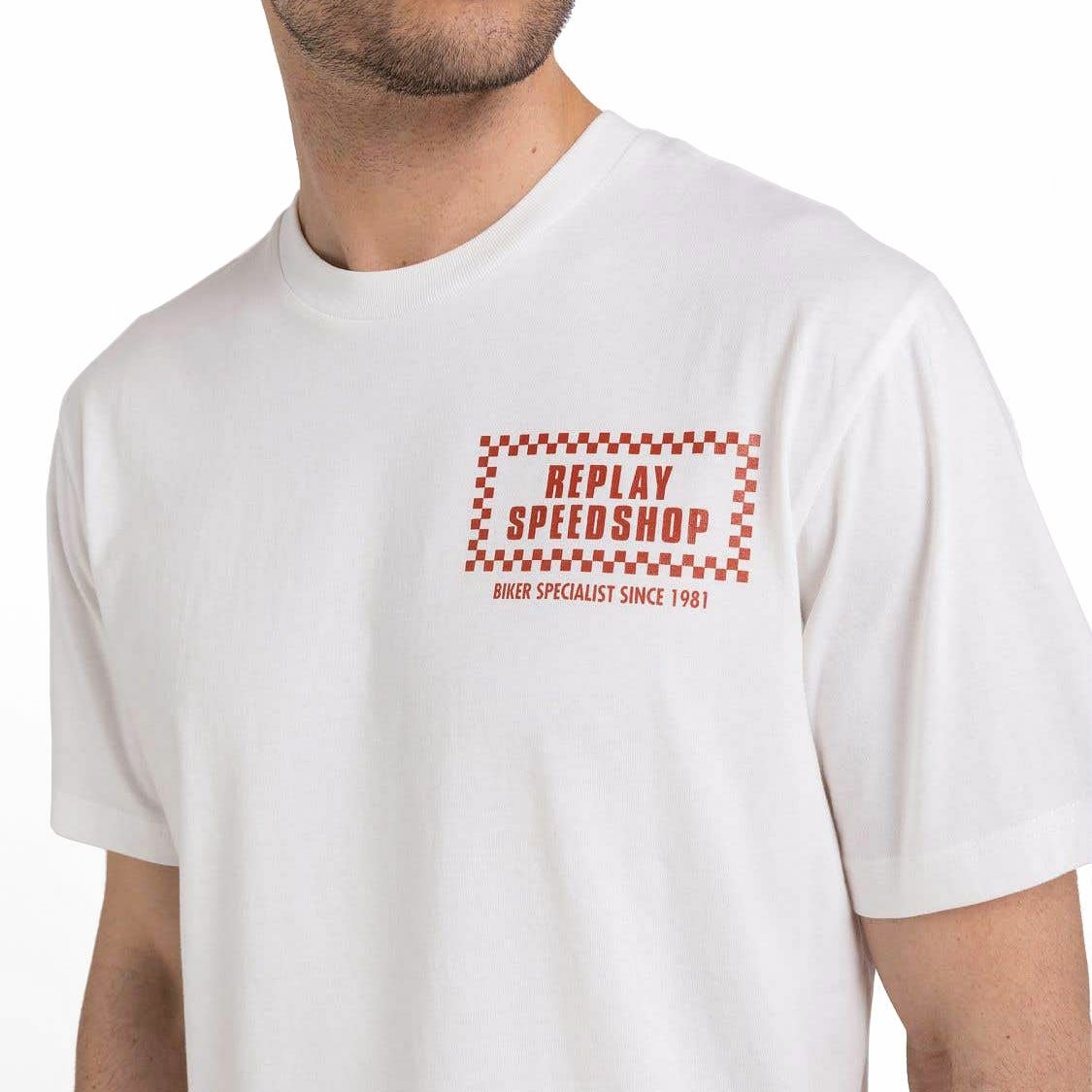 Replay｜バイカー プリント Ｔシャツ｜ホワイト｜モデル着用