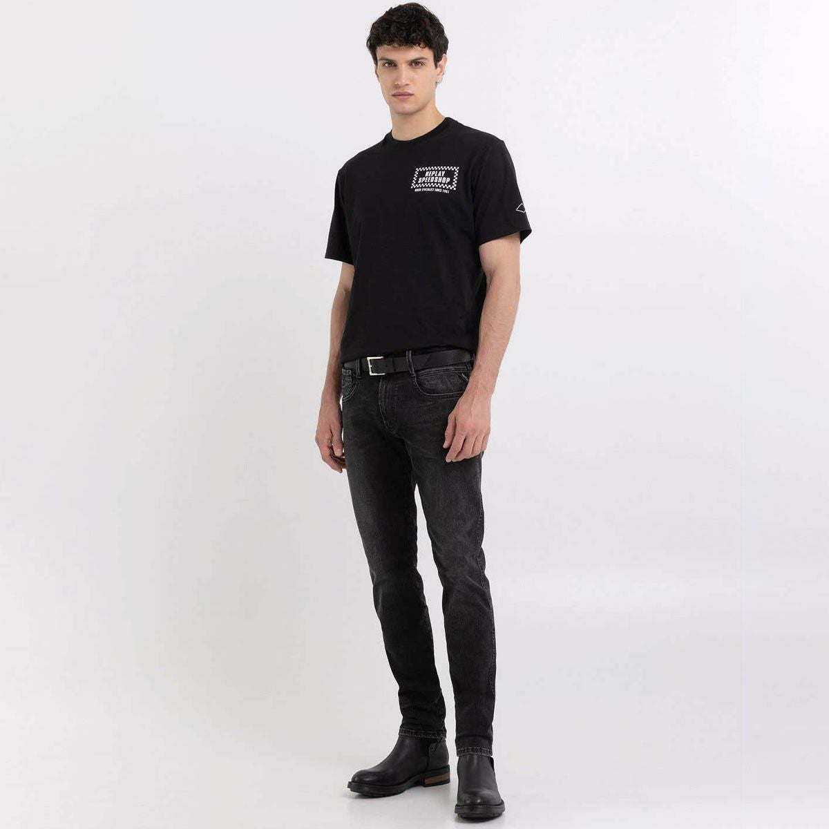 Replay｜バイカー プリント Ｔシャツ｜ブラック｜モデル着用