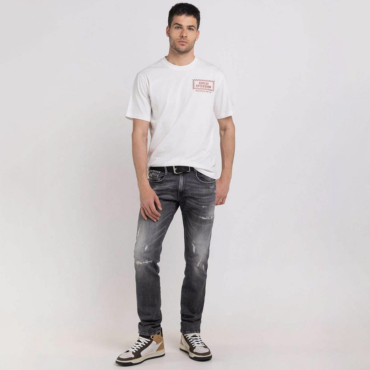 Replay｜バイカー プリント Ｔシャツ｜ホワイト｜モデル着用
