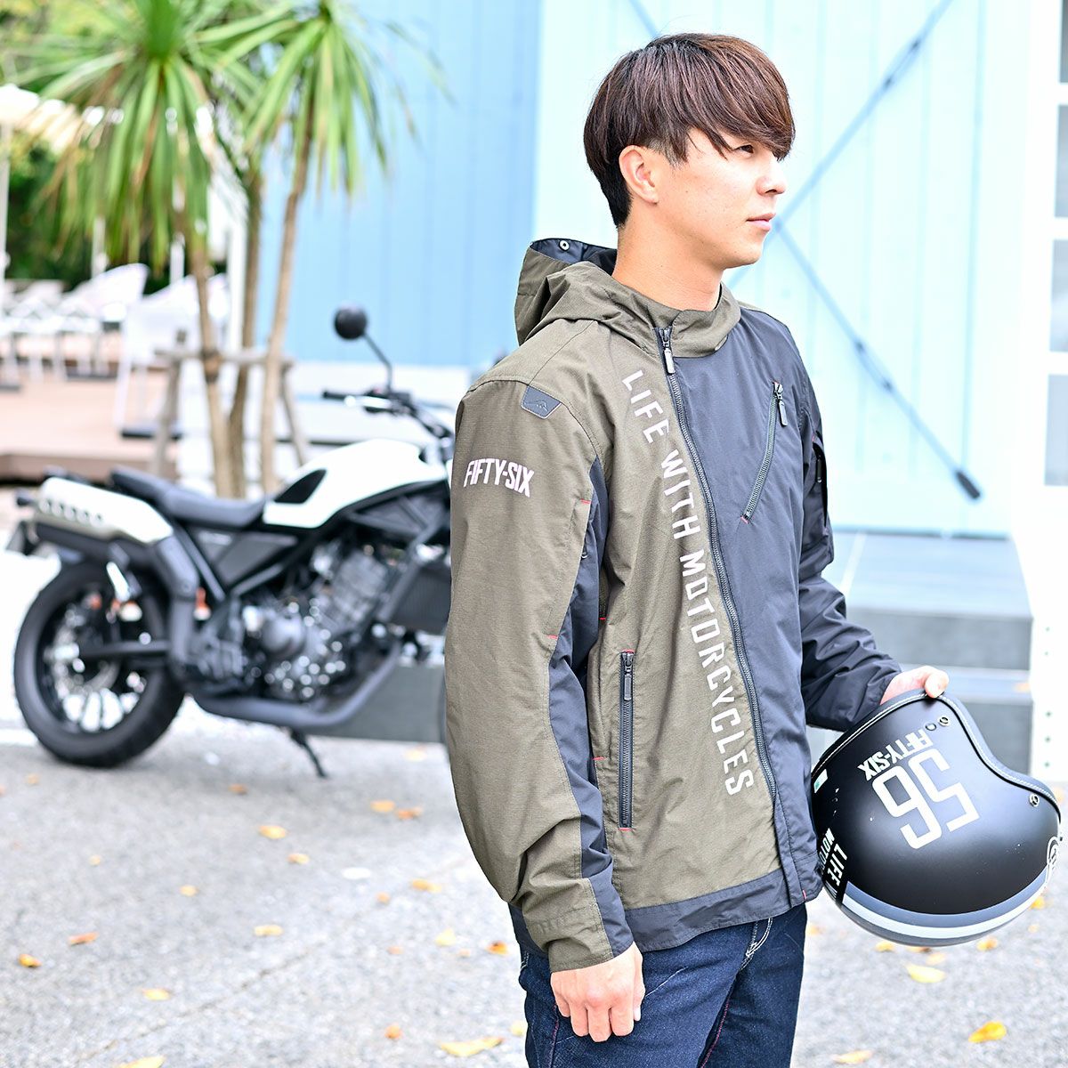 56design｜スラッシュ ジャケット｜ファブリック｜ブラック×オリーブ｜モデル着用