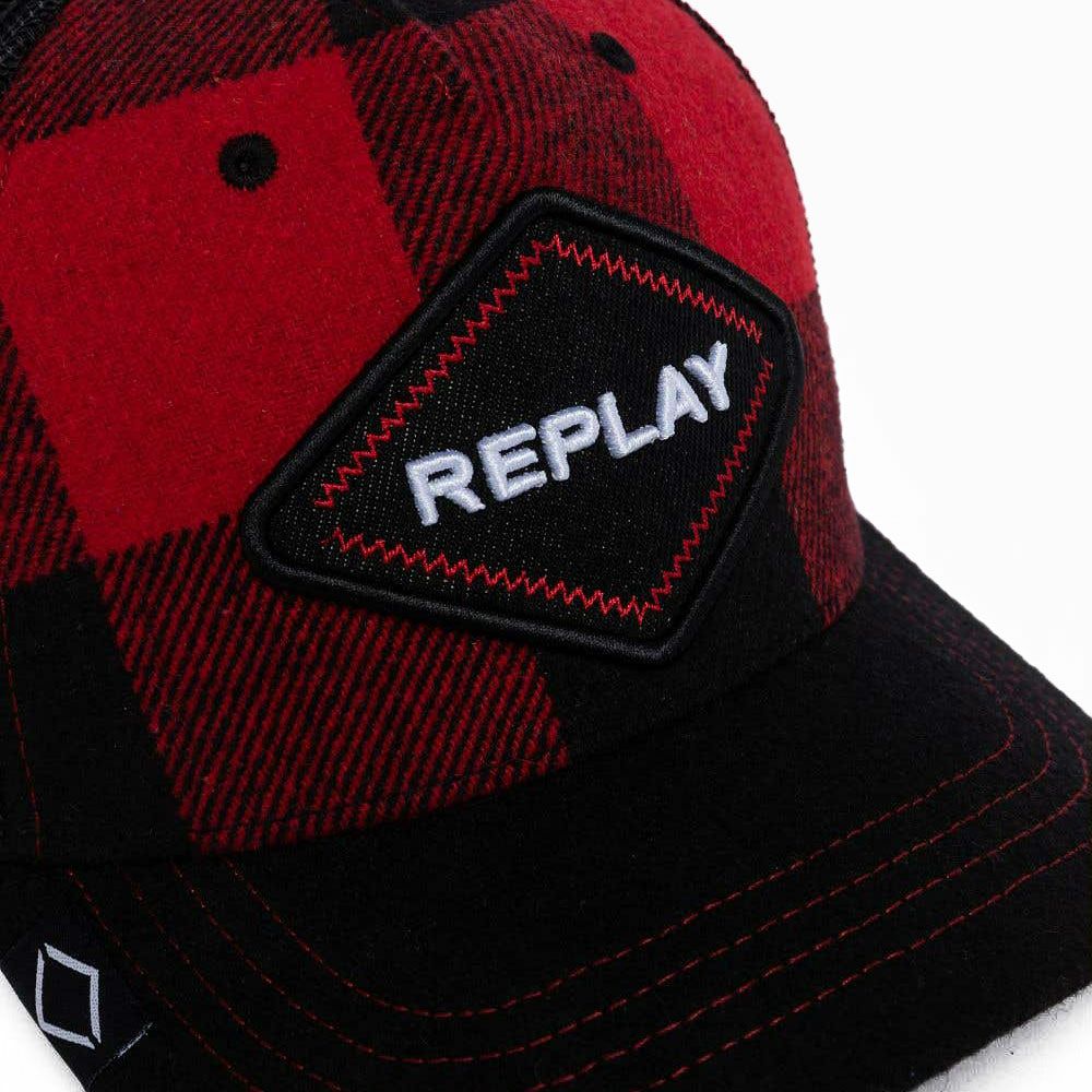 Replay｜ウール チェック キャップ｜帽子｜ブラック×ブラッドレッド