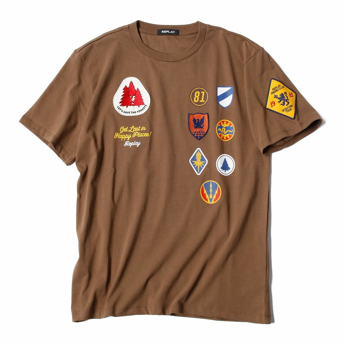 Replay｜クルーネック パッチ Tシャツ｜ブラウン