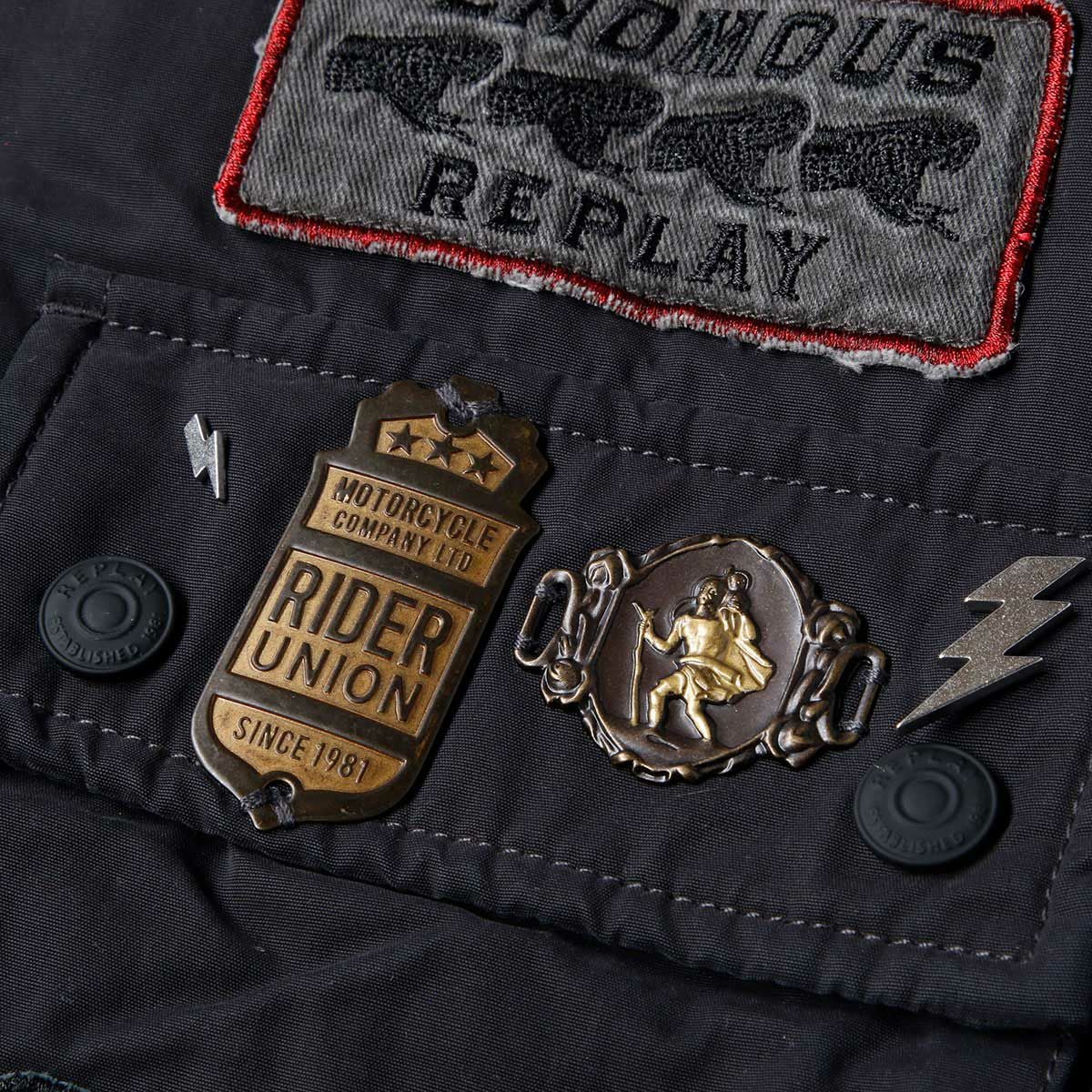 Replay｜ワックスドナイロン ライダーズパッチ バイカージャケット｜ファブリック｜パイレーツブラック
