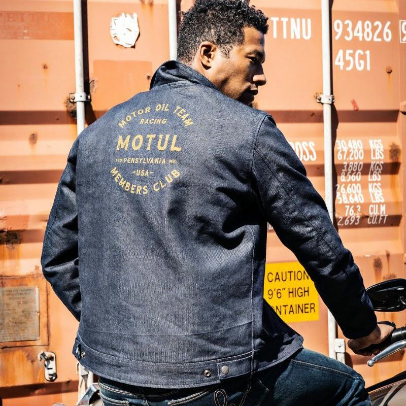 helstons｜メカニック デニム ジャケット｜ファブリック｜ブルー｜モデル着用