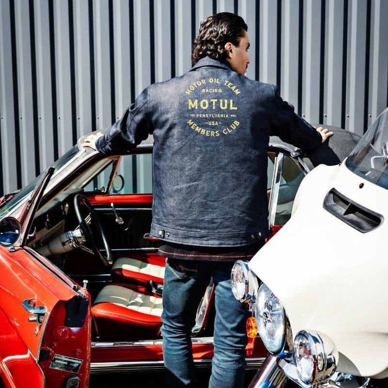 helstons｜メカニック デニム ジャケット｜ファブリック｜ブルー｜モデル着用