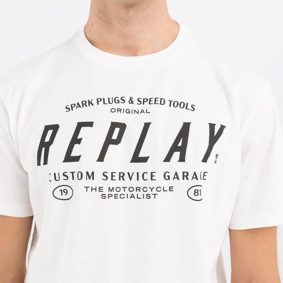 Replay｜カスタムガレージ プリント Ｔシャツ｜ホワイト｜モデル着用