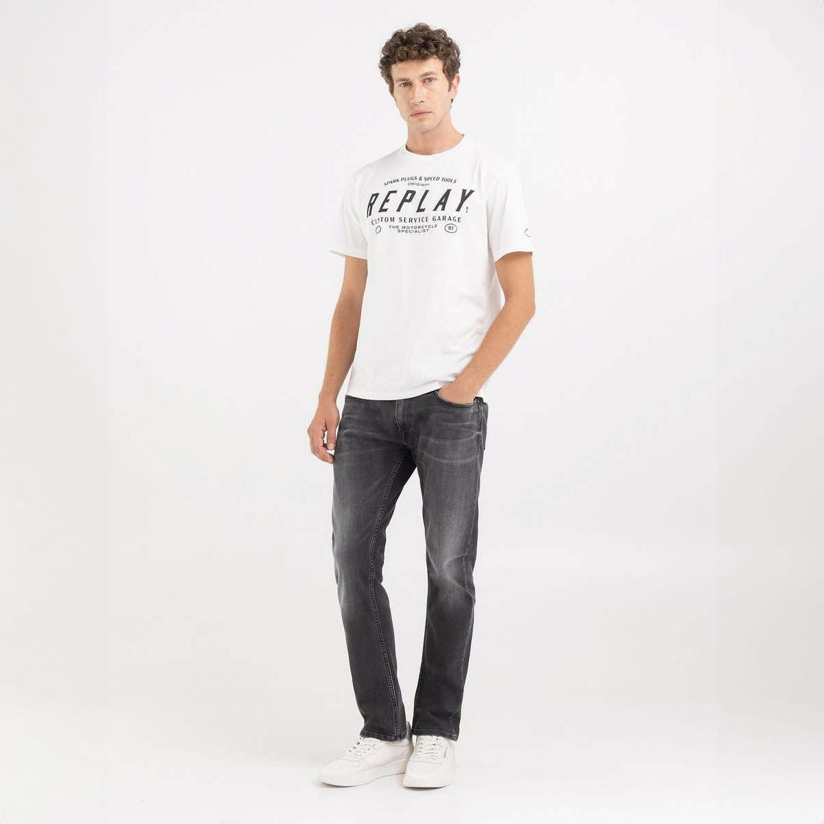 Replay｜カスタムガレージ プリント Ｔシャツ｜ホワイト｜モデル着用