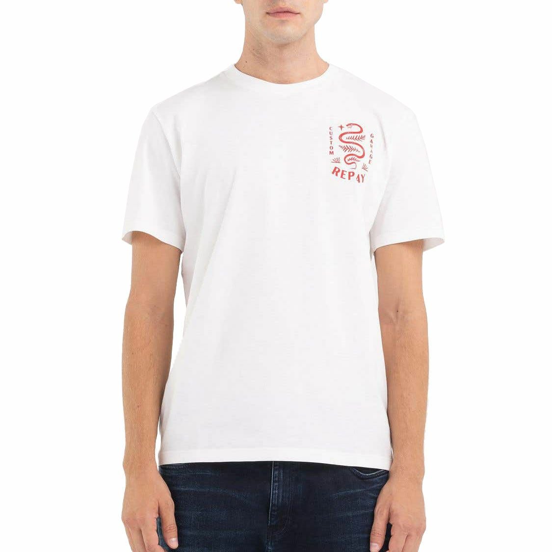 Replay｜カスタムガレージ スネーク プリント Ｔシャツ｜ホワイト｜モデル着用