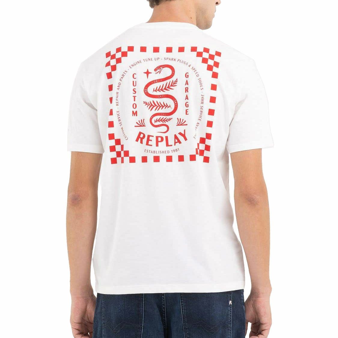 Replay｜カスタムガレージ スネーク プリント Ｔシャツ｜ホワイト｜モデル着用