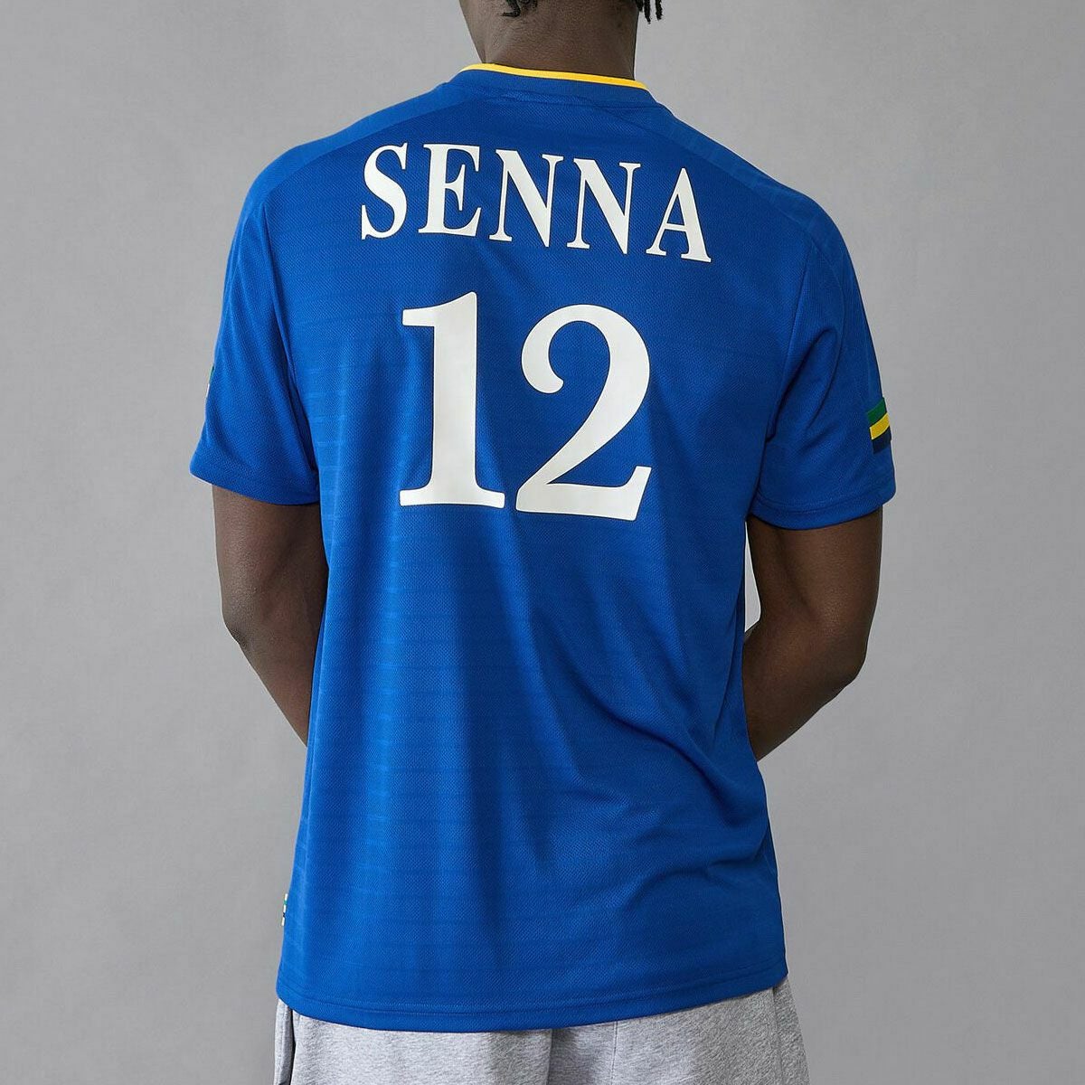 AyrtonSenna｜アイルトン・セナ ストライプ フットボール Tシャツ｜ネイビー｜モデル着用