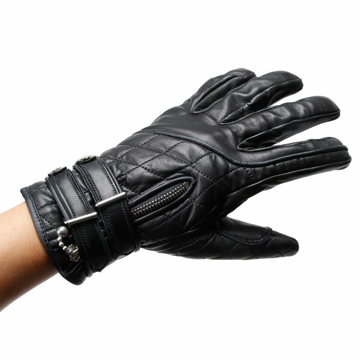 Goldtop｜キルティング カフェレーサー レザーグローブ｜3シーズン｜ブラック｜モデル着用