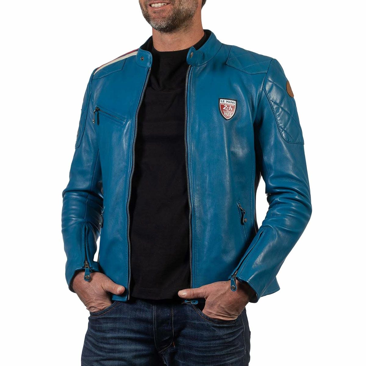 CLASSIC LEGEND MOTORS｜ル・マン 24時間レース 1923 Duff レザー ジャケット｜アウター｜オーシャンブルー｜モデル着用